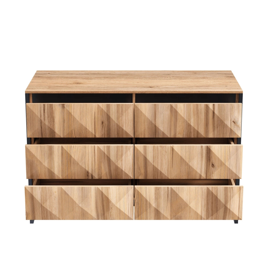 Cassettiera con 6 Cassetti e Struttura in Metallo; Frontali Testurizzati; Stile Moderno; per Soggiorno; in Truciolare; Nero Naturale; 120??40??80 cm