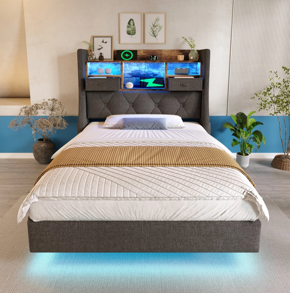 Letto imbottito 90x200 cm con LED; USB e USB C; testiera contenitore; lino grigio