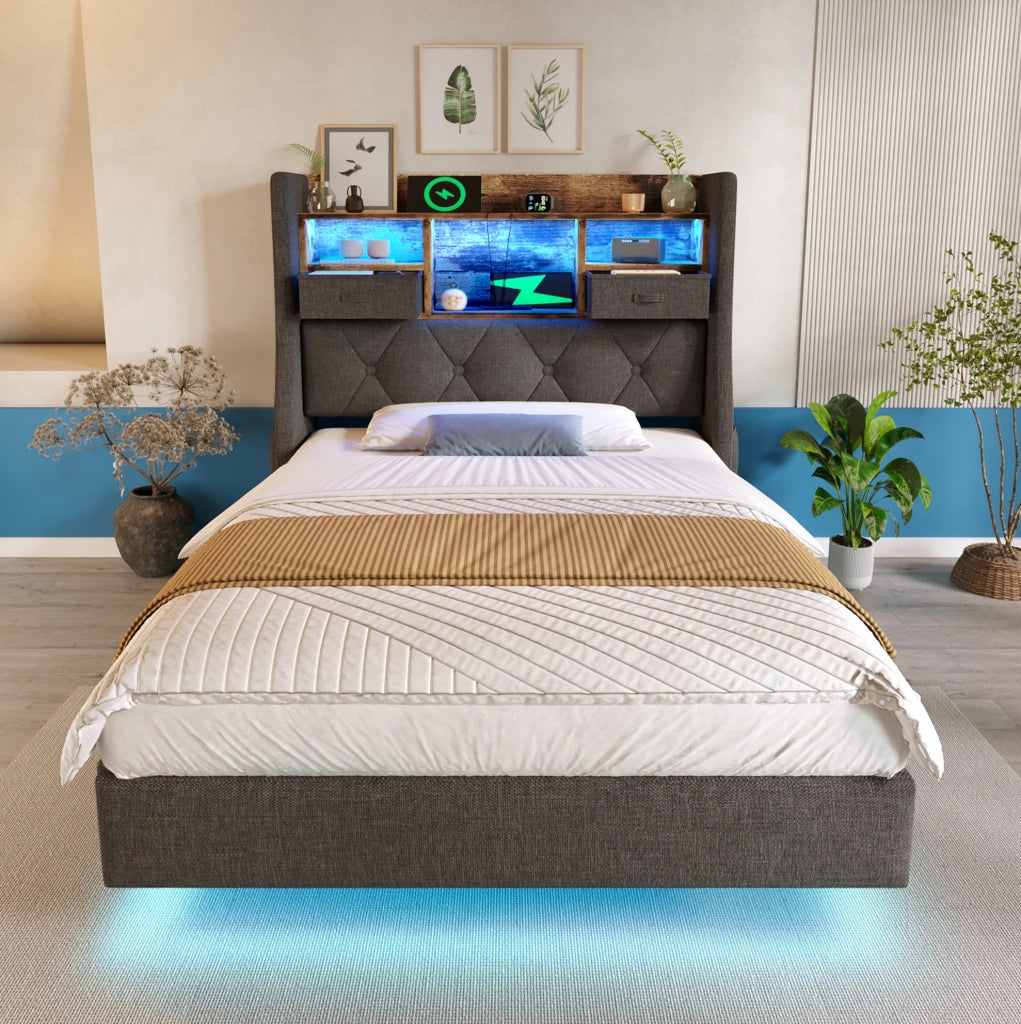 Letto imbottito 90x200 cm con LED; USB e USB C; testiera contenitore; lino grigio