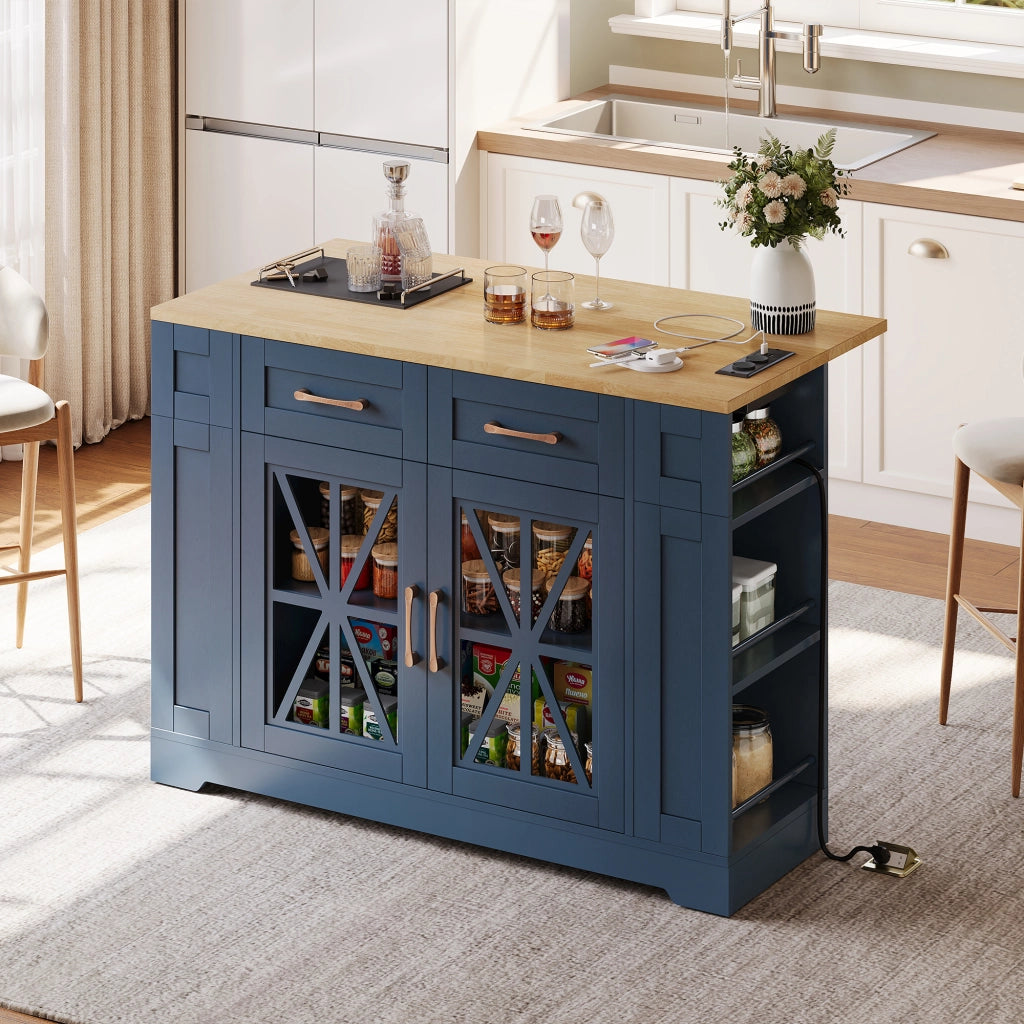 Carrello Da Cucina con 2 Ante in Vetro; 1 Cassetto; 6 Ripiani Aperti; Piano Pieghevole e Porte USB con Ruote; in MDF; 120 x 40 x 92 cm; Blu e Naturale