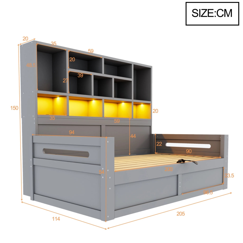 Letto multifunzione 90x200 cm con contenitore idraulico; LED e prese; grigio