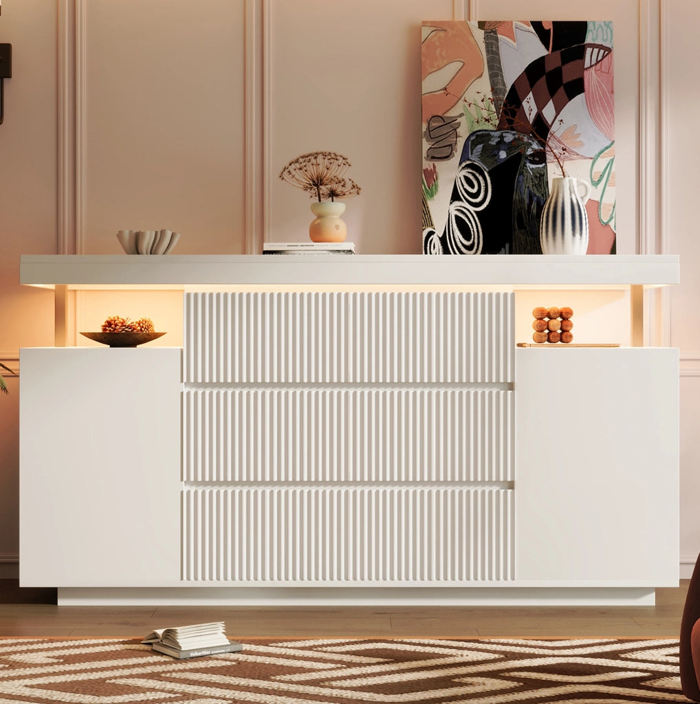 Credenza moderna con illuminazione LED 150x40x78 cm; bianca in MDF e metallo