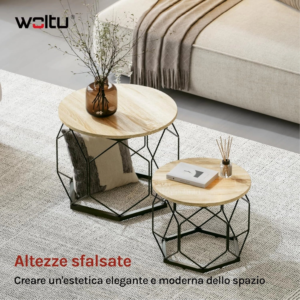Set di 2 Tavolini da Salotto Rotondi, Tavolini Contenitori in Legno e Metallo, Tavoli da Caffè con Piano Rimovibile, per Soggiorno, Camera da Letto, Legno + Nero, BTS05hei