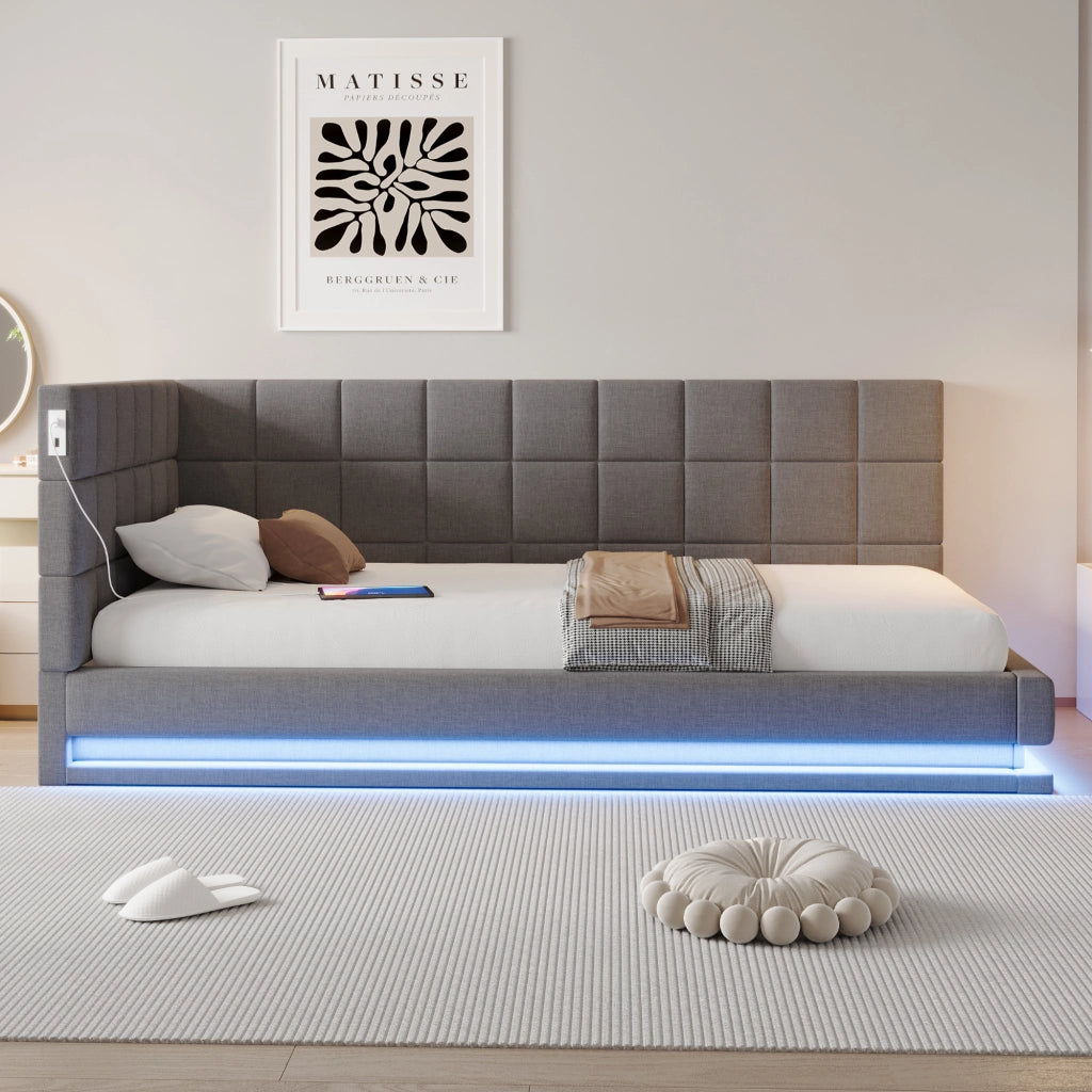 OKWISH Letto a Divano 90×200 cm, Letto Singolo con LED Multicolore, USB e Presa, senza Materasso, in Lino, Grigio