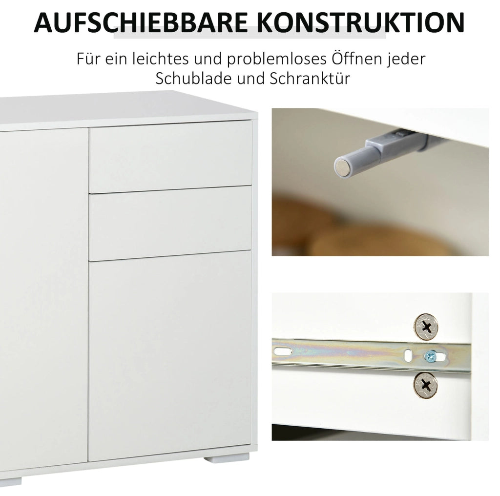 Credenza bianca con 2 cassetti e 3 ante, armadio versatile 117x36x74 cm