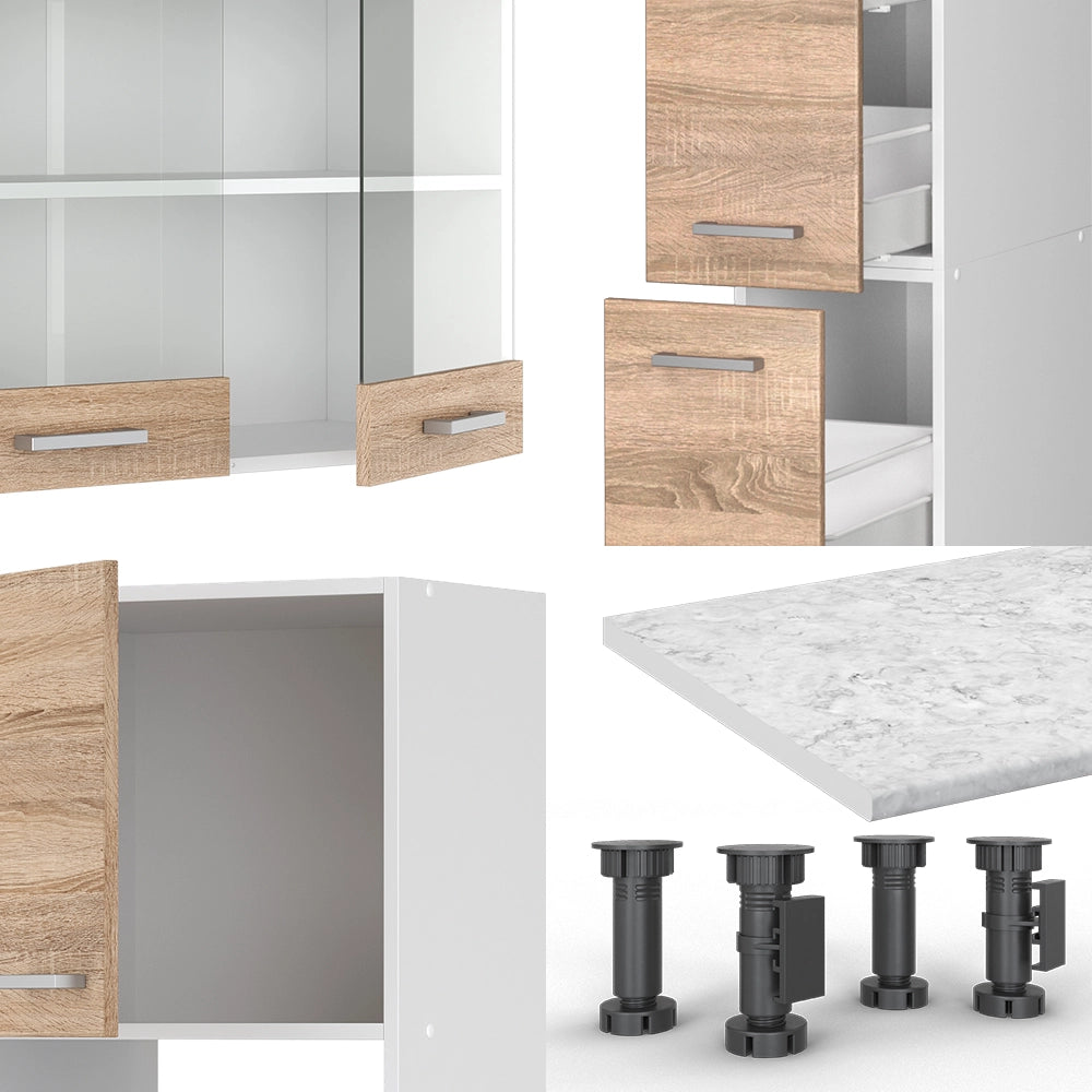 Cucina componibile R-Line Sonoma/Bianco 350 cm con armadio alto, PL Antracite Vicco