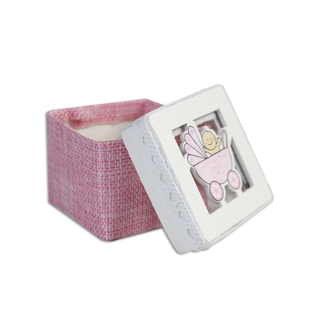 Trade Shop - Set Cubo Rosa Porta Confetti Con Carrozzino Bomboniera X Nascita Battesimo Bimba -