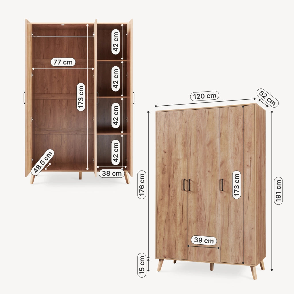 Armadio Guardaroba Norg con 3 Ante e 4 Scomparti 191x120x52 cm - Effetto Rovere [en.casa]