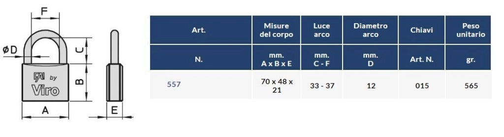 Viro 557 Lucchetto Fai 70mm ad Arco 33mm