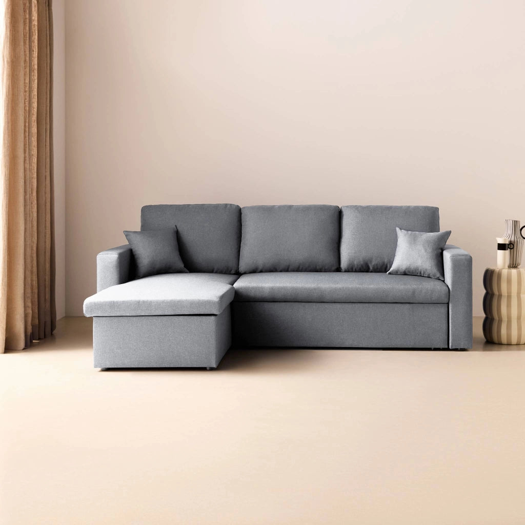 Divano letto angolare reversibile con contenitore, 3 posti, grigio