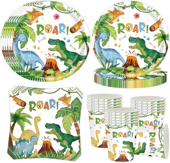 Servizio da 16 persone - Dinosauri - Piatti in Carta - Bicchieri - Fazzoletti da Tavola - Materiali di Alta Qualità - Servizio Dino