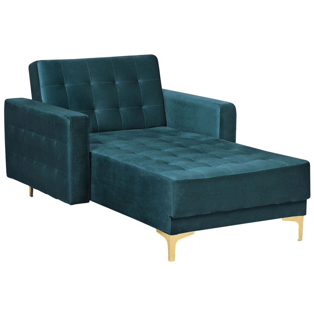 Chaise longue Foglia di tè Velluto Trapuntato Tessuto Moderno Soggiorno Divano Reclinabile Gambe Dorate Bracci Pista