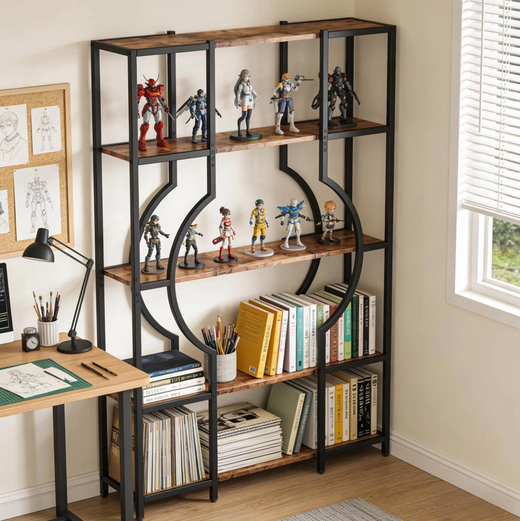 Libreria ULEVR a 5 ripiani in MDF effetto legno e metallo, nero e marrone rustico