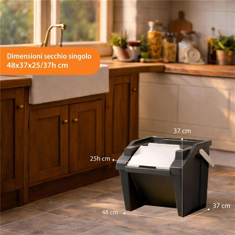 SET 3 PATTUMIERE MODULARI 30L NERE IMPILABILI 38X37X25/37 CM, TOWER RACCOLTA DIFFERENZIATA SALVASPAZIO CON APERTURA FRONTALE PER CUCINA E RIPOSTIGLIO