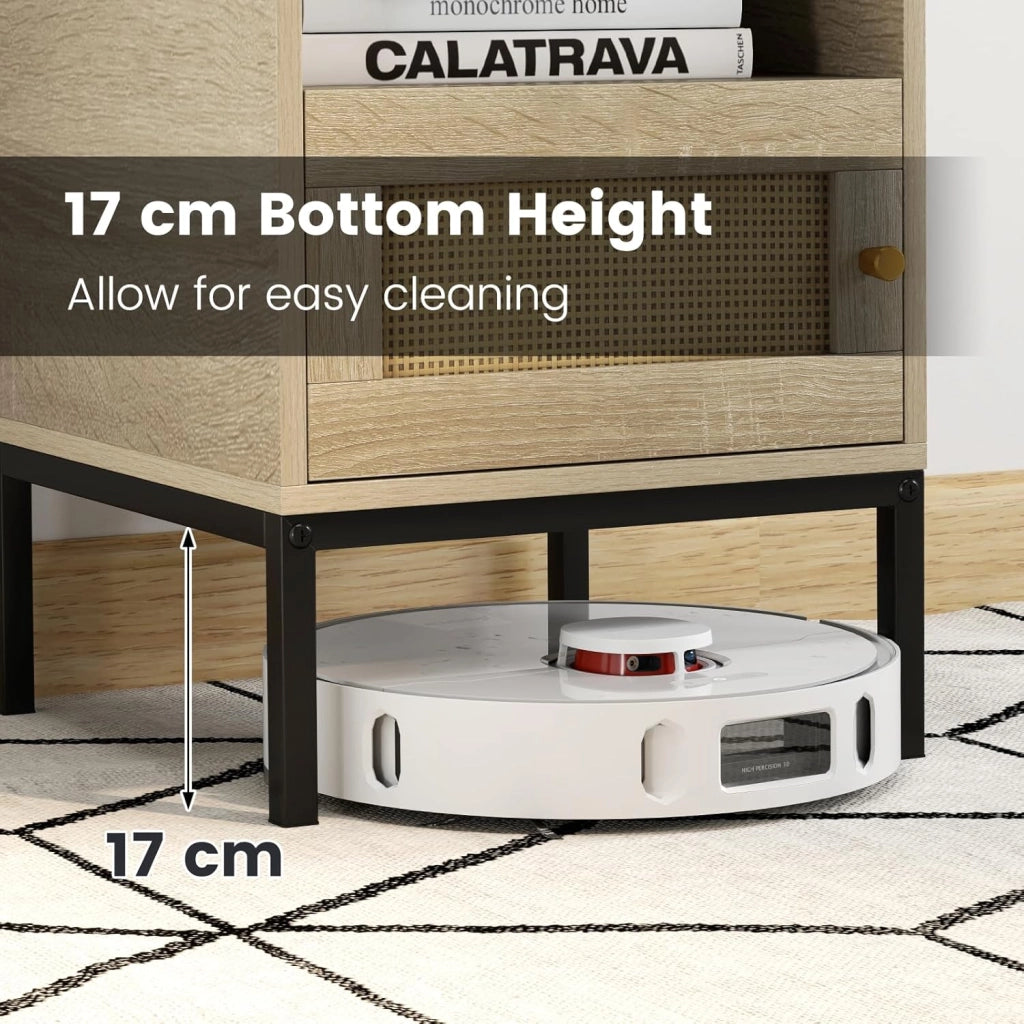 Comodino in Rattan, Tavolino Boho con Armadietto e Mensola, Tavolino Accento per Letto con Gambe in Metallo, Tavolino Compatto in Stile Fattoria per Camera da Letto, Soggiorno, Naturale