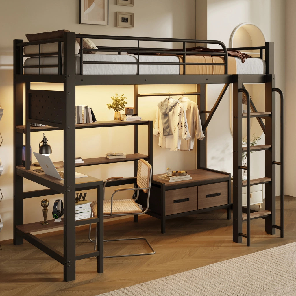 Letto a soppalco in metallo 90x200 cm con scrivania; vani; USB; barra appendiabiti; LED e parapetto; nero