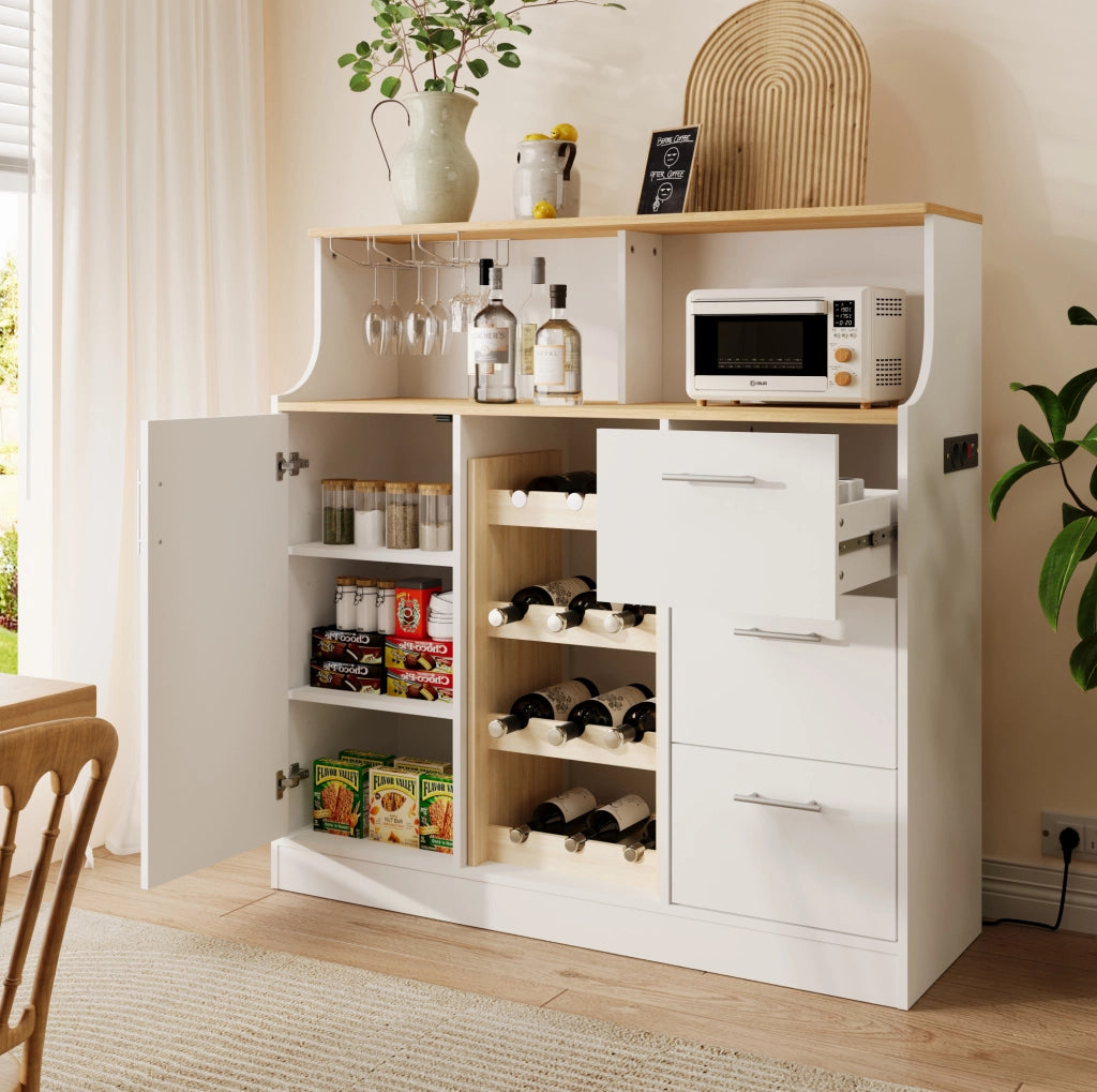 Credenza 120x40x121 cm con LED e presa integrata; MDF bianco e naturale