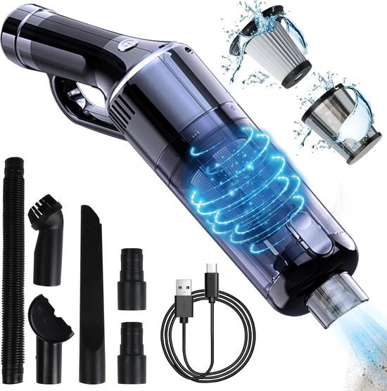 Aspiratore a mano 120 W/15000 Pa mini multifunzionale portatile leggero ricaricabile a batterie - Cerca capelli di animale - Auto - Casa - 2 filtri HEPA lavabili per umido e secco (nero)