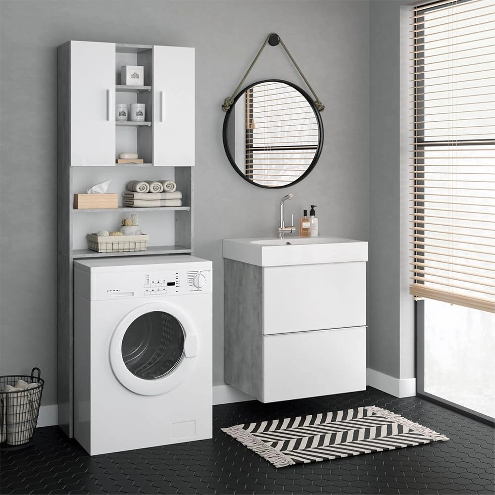 Mobile per lavatrice Luis, Calcestruzzo, 64 x 190 cm, per la conservazione di detersivi e accessori da bagno
