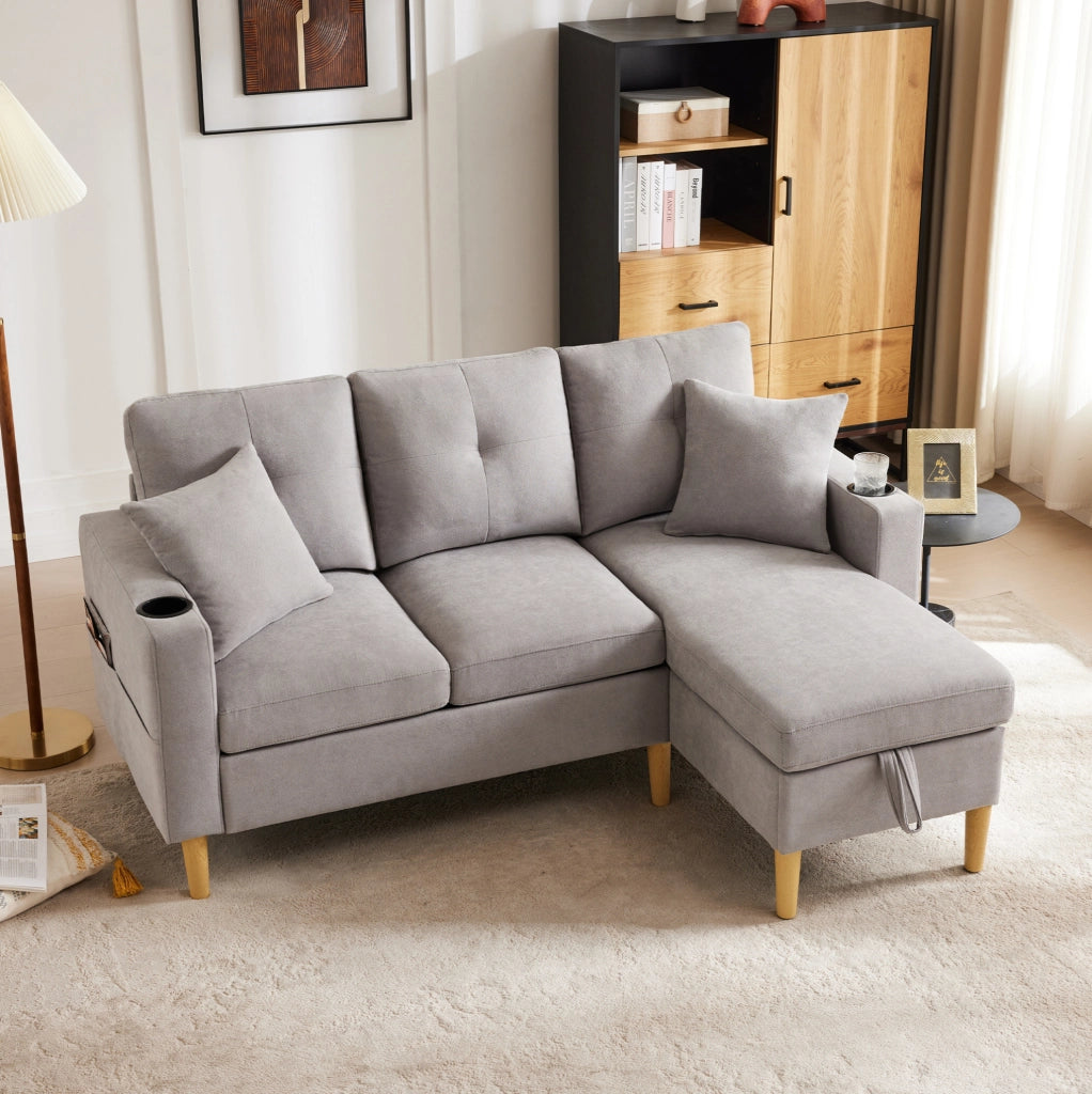 Sofa angolare moderno a L con chaise longue, 3 posti, contenitore e 2 cuscini, grigio chiaro