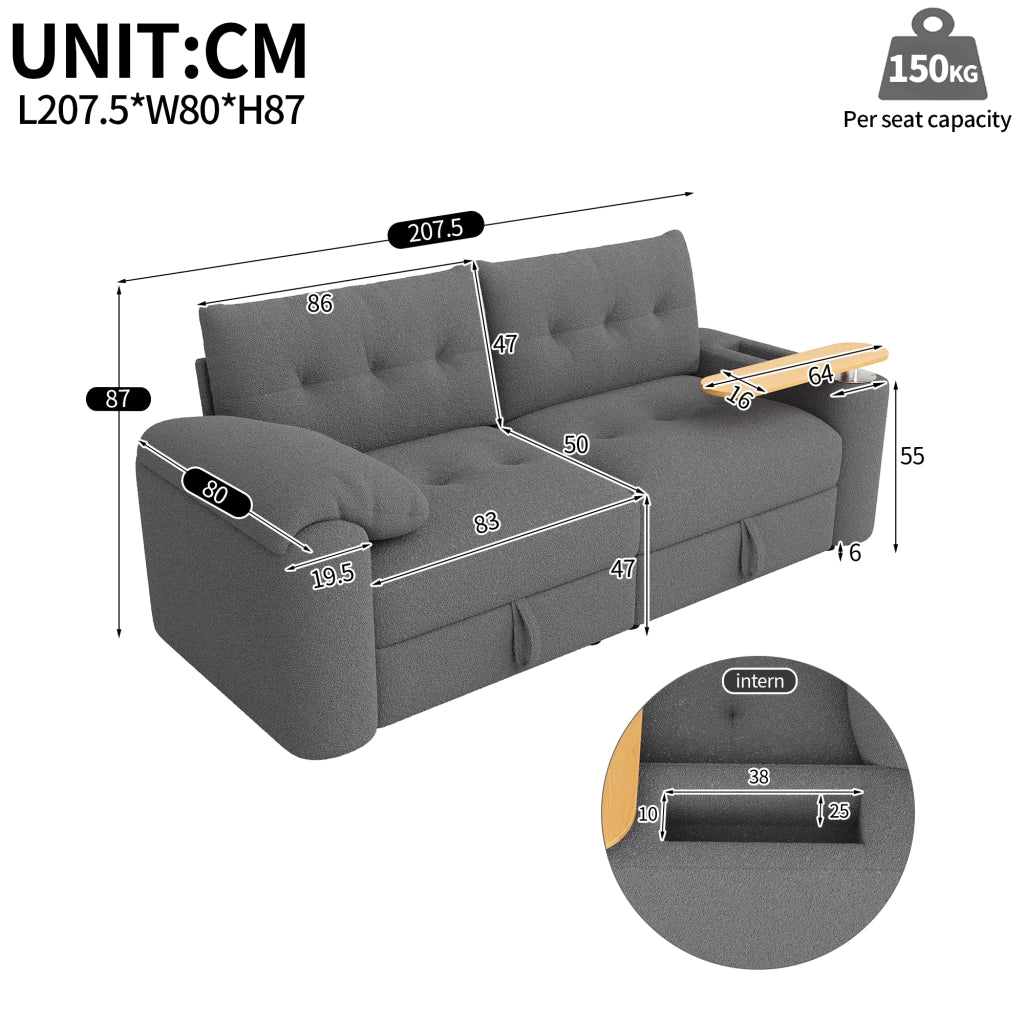 Divano modulare compatto con contenitore poggiatesta e tavolino girevole in teddy grigio 207,5 × 80 × 87 cm