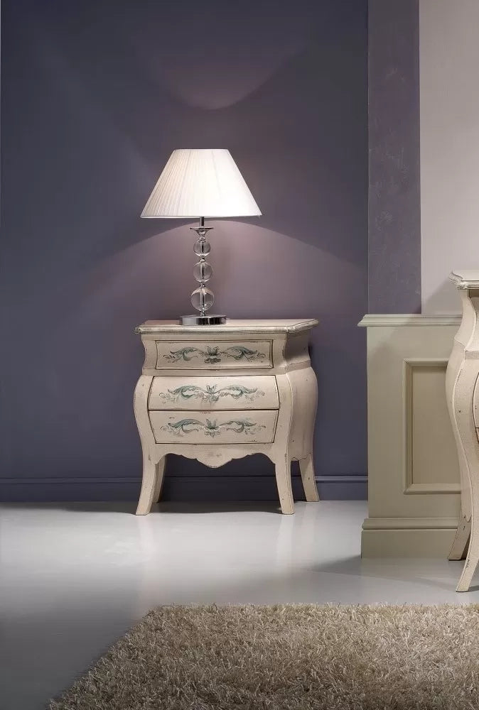 Comodino bombato shabby legno avorio decori floreali 62x32x65 (1369) - Mobili 2G