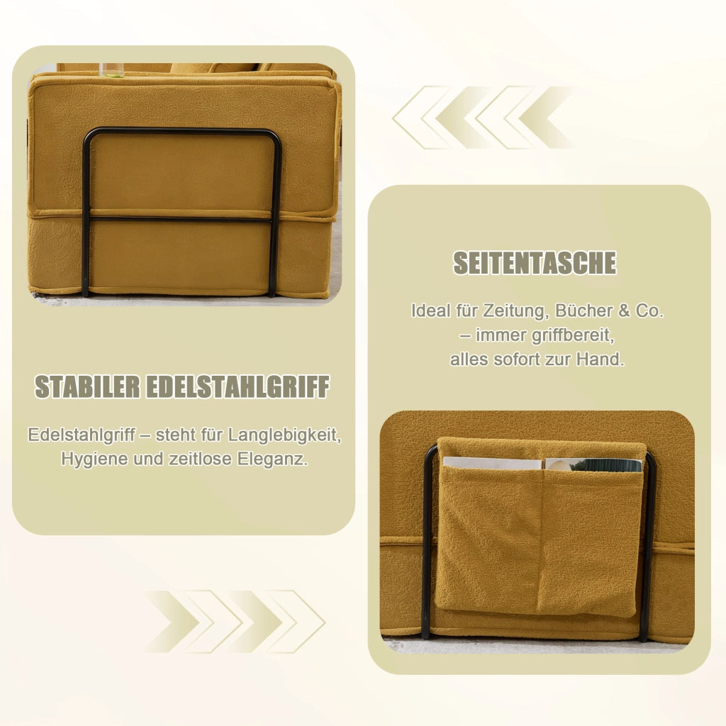 Pouf modulare con tasche laterali e cuscini, seduta ergonomica e struttura bassa stabile, in ciniglia giallo senape