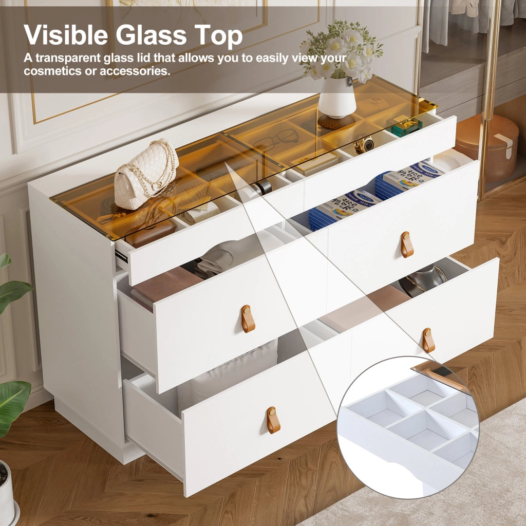 Cassettiera con 6 Cassetti e Ante in Vetro ¨C MINIMAL ¨C Bianco, 120x40x78 cm
