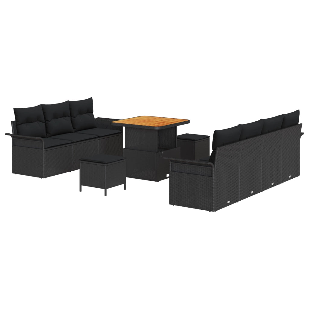 Set di divani da giardino  con cuscini neri in polyrattan acacia da 10 pezzi
