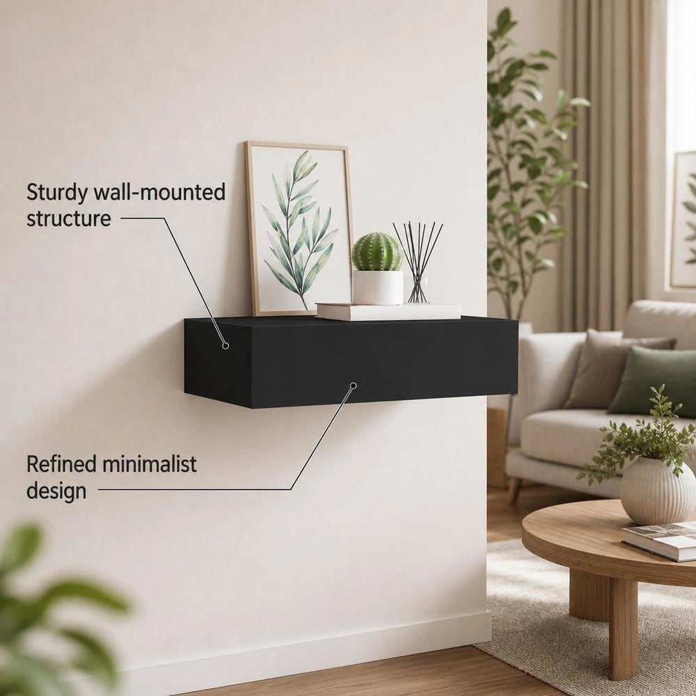 Wall Shelf With Drawer, Black, 40x23.5x10 Cm, MDF