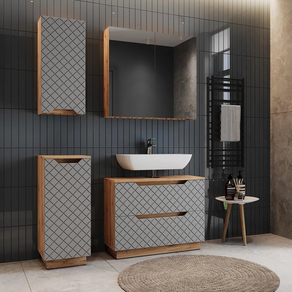 Set di mobili da bagno Lotta, Rovere/grigio con struttura in piastrelle, 4 parti