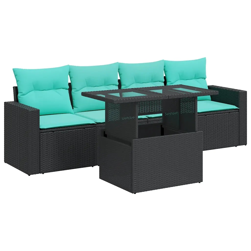 Set Divani da Giardino 5 pz con Cuscini Nero Polyrattan Acacia