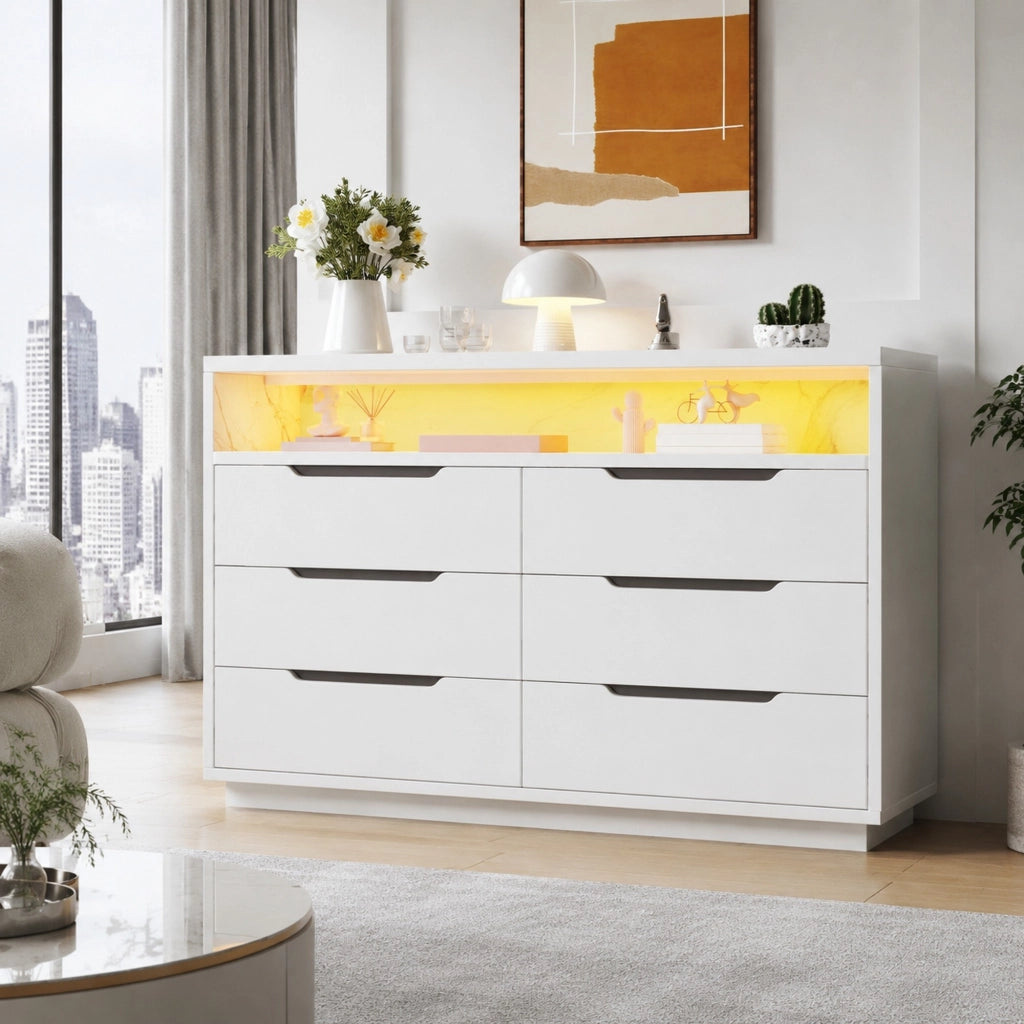 Credenza bianca a 6 cassetti con LED e vano effetto marmo