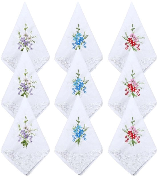 Sciarpa da 9 pezzi - Tendenza vintage - Tessuti di cotone soffici - Disegni floreali in punto - Dimensioni 28 x 28 cm - Abbigliamento da cerimonia di matrimonio - Bandana