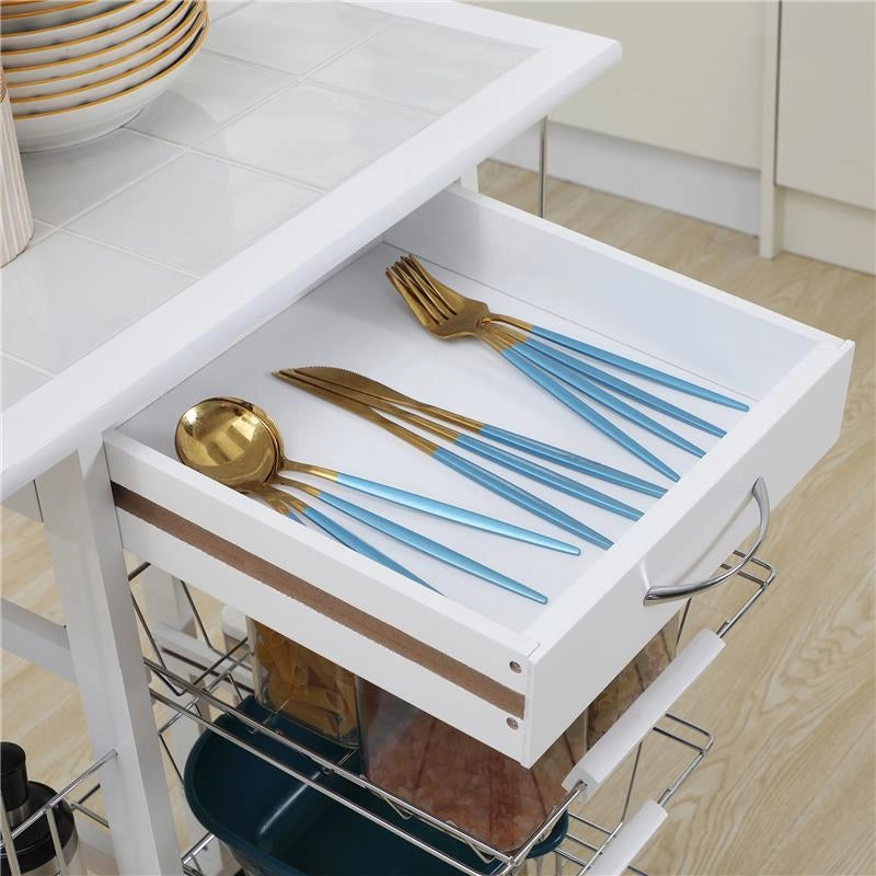 CARRELLO DA CUCINA CON CASSETTO, 4 CESTI E 4 RIPIANI, IN METALLO, CERAMICA E LEGNO, 57X37X83 CM, BIANCO