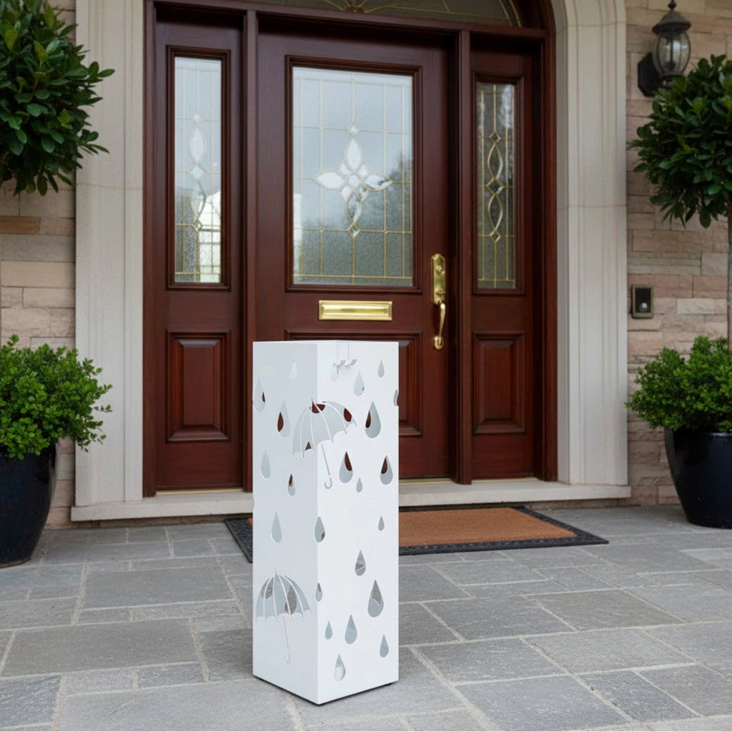 Portaombrelli In Acciaio Zincato Design Moderno Con Vaschetta Scolapioggia Base Antiscivolo E 2 Ganci Removibili Per Casa E Ufficio 49 X 15.5 X 15.5 Cm Bianco