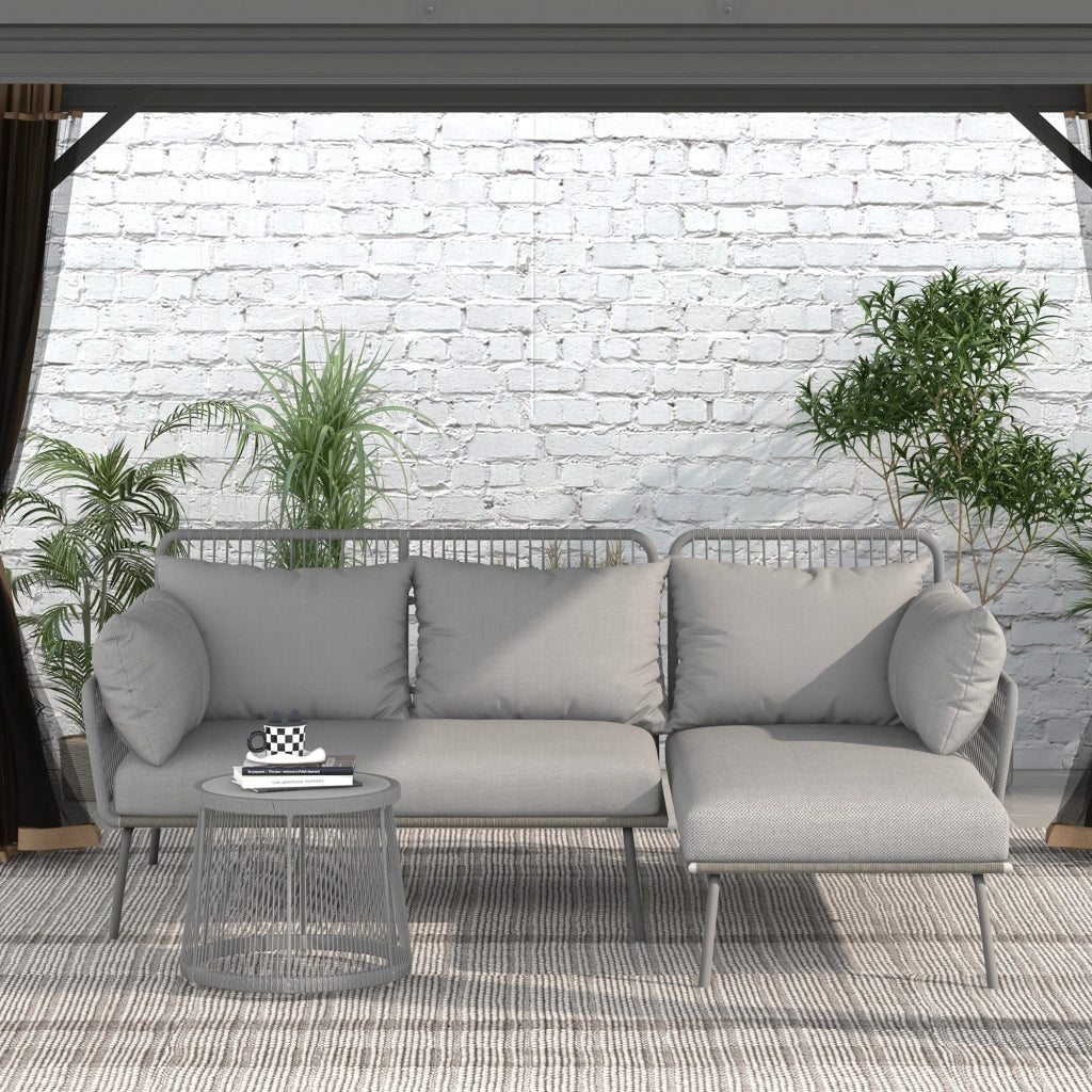 Set da Giardino in Rattan PE Stile Boho, Divano 2 Posti con Chaise Longue e Tavolino, Grigio Chiaro