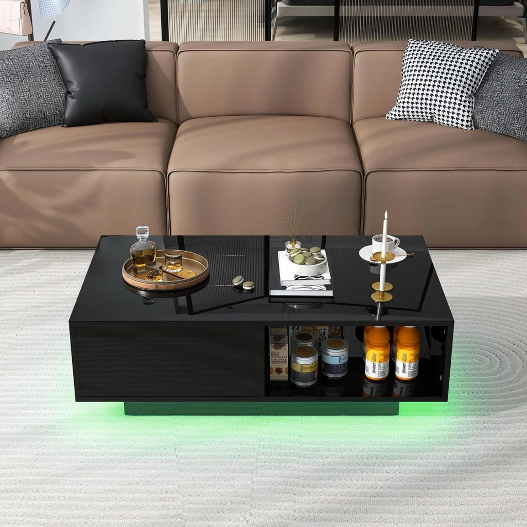 Tavolino da Salotto in Legno, Tavolino Moderno e Rettangolare con 20 Colori di Luci a LED, Telecomando, Cassetto e Ripiano Aperto, Tavolino per Studio e Ufficio (Nero)
