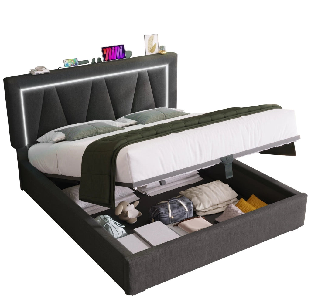 Letto matrimoniale 140x200 cm con contenitore; testiera regolabile; LED e USB Type C; lino grigio