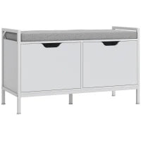 Panca Scarpiera a 2 Armadietti con Cuscino, in Tessuto Effetto Lino, Legno e Acciaio, 84x35x50 cm, Bianco