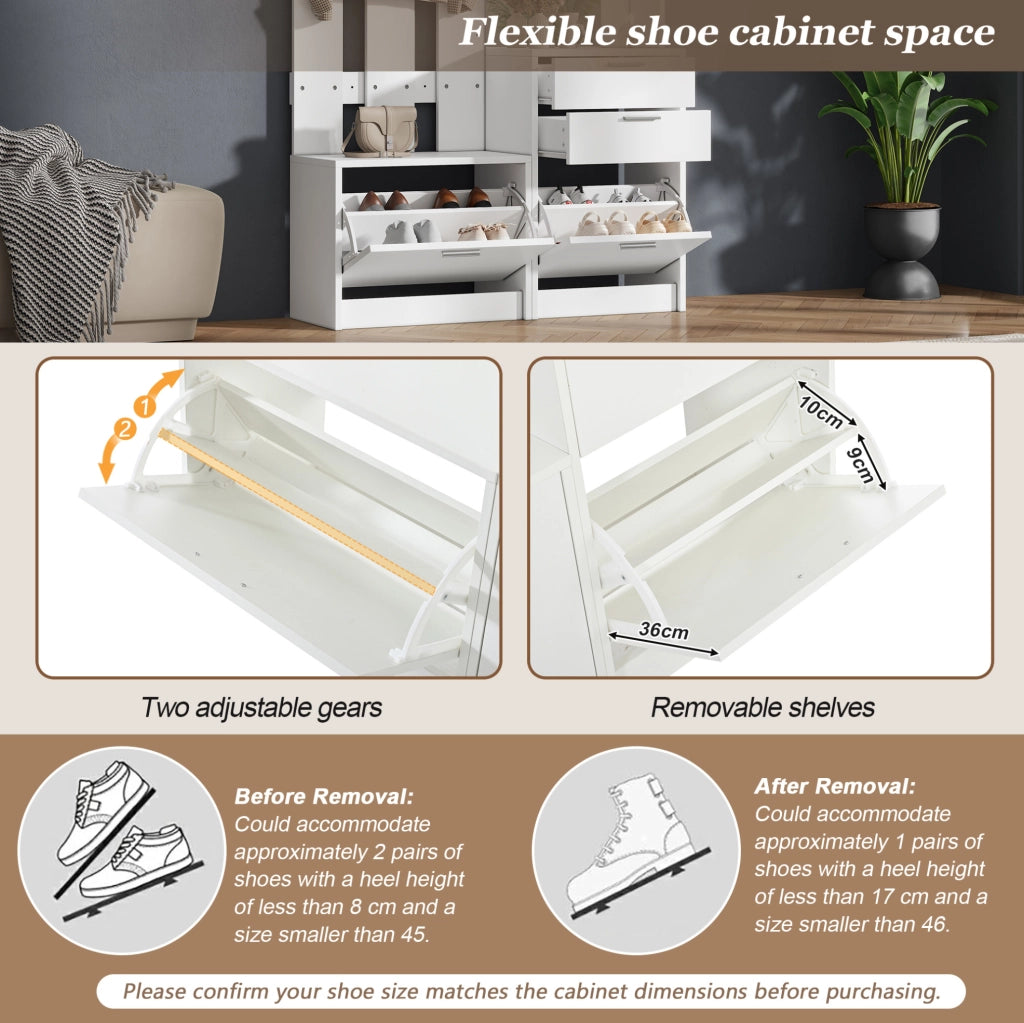 Mobile ingresso multifunzione con specchio; 2 cassetti; 2 scarpiere ribaltabili; MDF bianco 110x34x185 cm