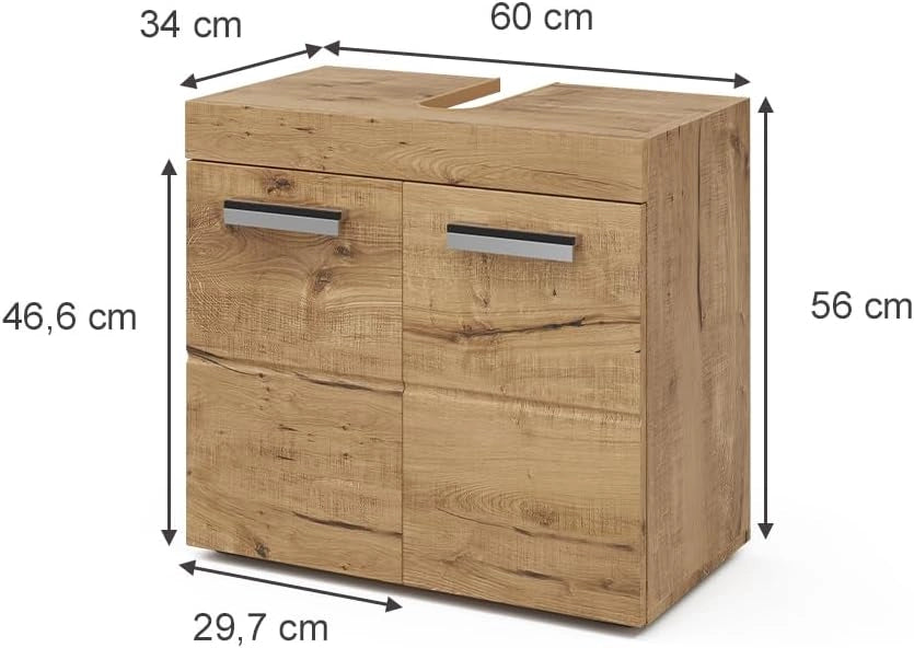 Mobile sottolavabo per bagno Luna, Quercia Wotan, 60 x 56 cm, per montaggio a parete, combinabile con altri mobili Luna