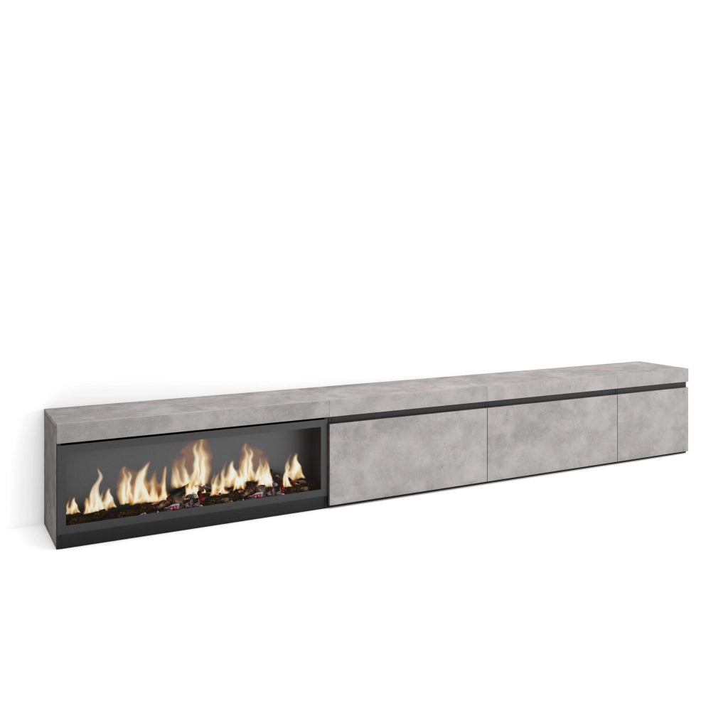 Mobile TV Soggiorno, 317x35x45cm, Camino elettrico XXL, grigio cemento RF3666