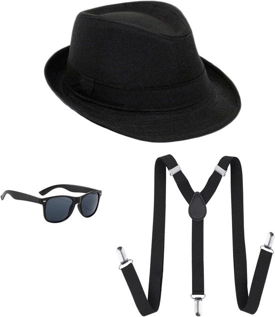 Costumi da Gangster 3 pezzi per Adulti - Cappello Fedora Nero, Cravatte e Occhiali da Sole - Accessori di Costume per Uomini anni '20 per Feste Mafiosa e di Gatsby