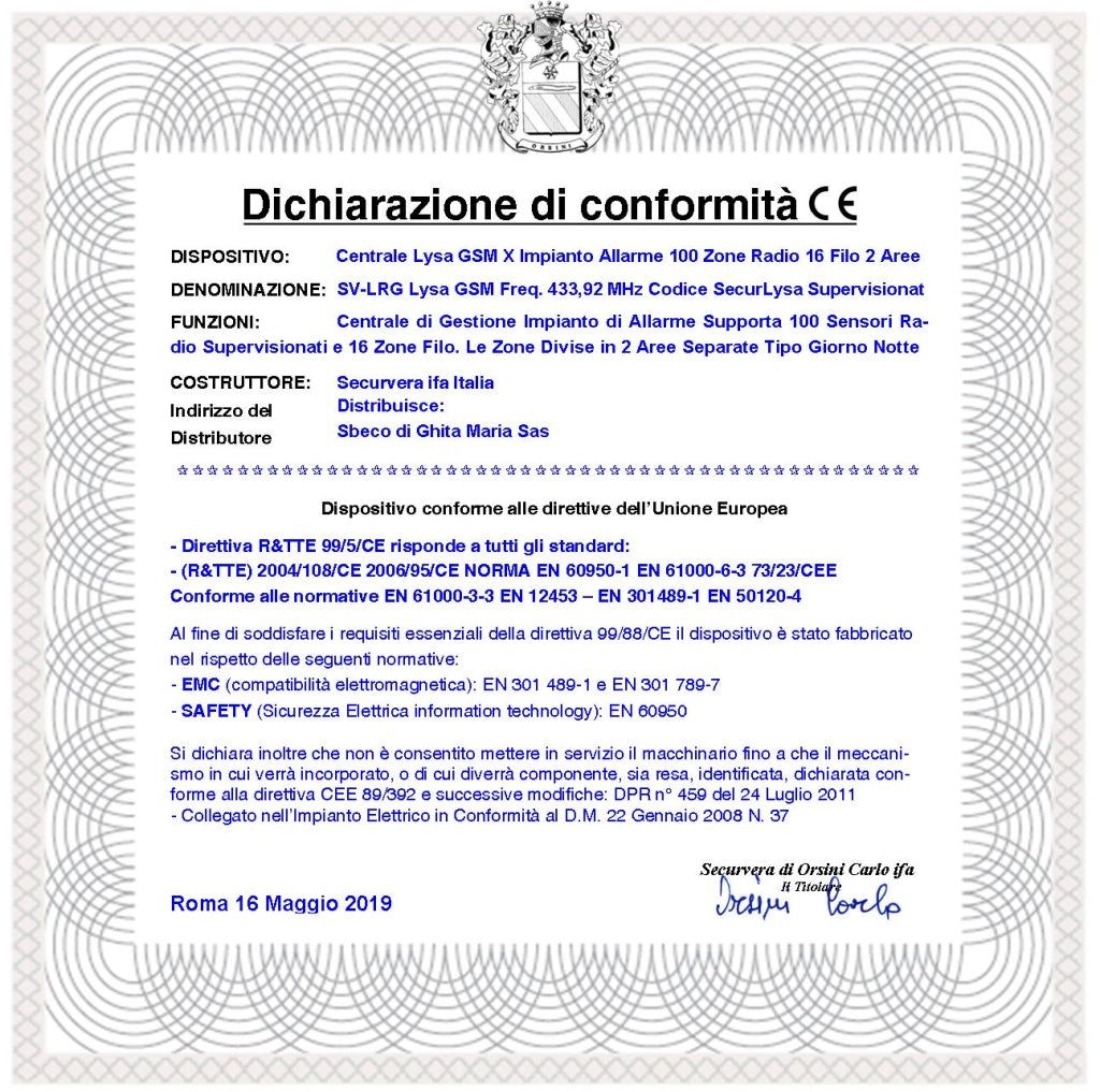 Allarme Radio Filo Lysa GSM Centrale Con 2 Radiocomandi 100 Zone Radio 433,92 MHz Supervisionate 16 Zone Filo 3 Aree Memoria Eventi App Android Gestione Codici Utente e Tecnico GSM Ascolto Ambientale