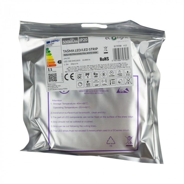 Striscia LED Ecolight 5m 24V 10,8W/m 4000K IP20 dimmerabile