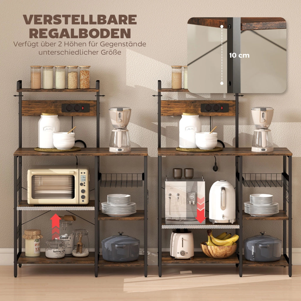 Scaffale da cucina con 2 prese, 5 ganci, 5 ripiani, cesto, rinforzi a X ¨C zephmum ¨C 90x42x130 cm
