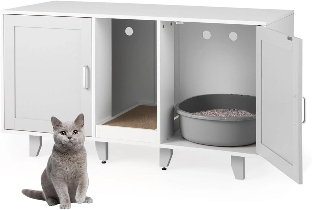 Mobile Lettiera per Gatti con 2 Ante, Armadio per Gatto in Legno con Ingresso Centrale e Tiragraffi, Grotta Rifugio Multiuso per Soggiorno e Camera da Letto, 120 x 52 x 65 cm (Marrone Rustico)