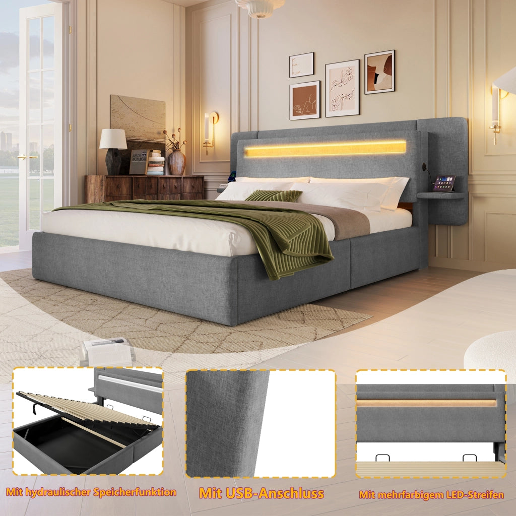 Letto contenitore 140 × 200 cm con sollevamento idraulico comodino integrato USB LED multicolore in lino grigio
