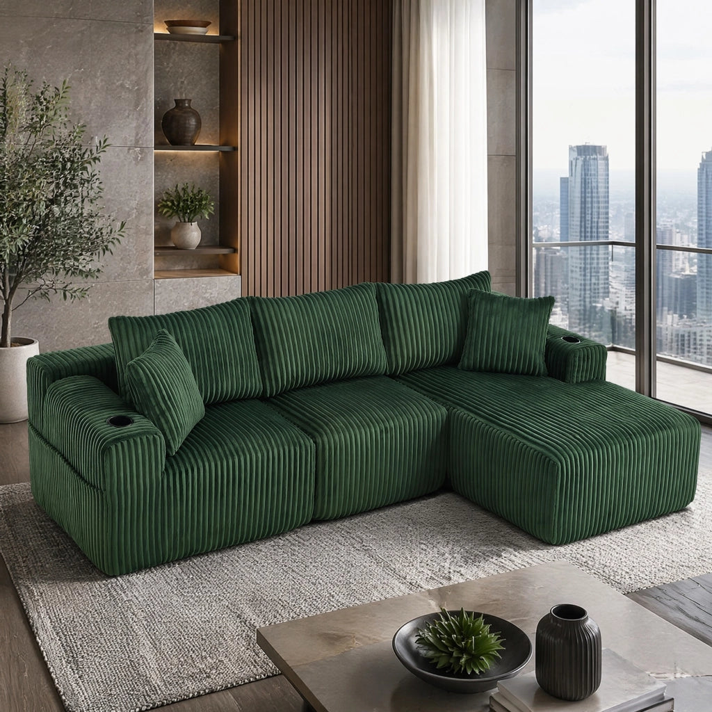 DIVANO modulare con chaise longue e 2 posti 257x90-160x62 cm corduroy verde smeraldo